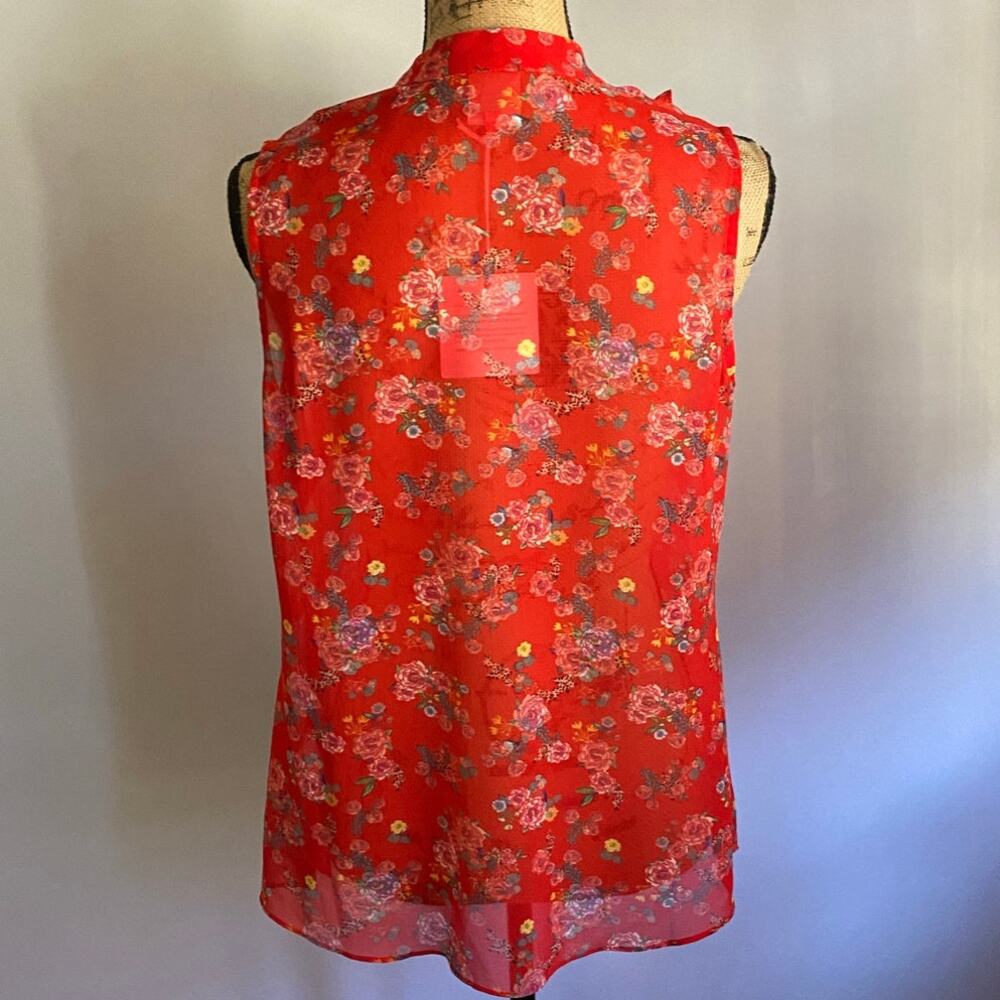 cAbi Crush Floral Ruffle Sleeveless Blouse Red Sheer Top Size S - Picture 7 of 17